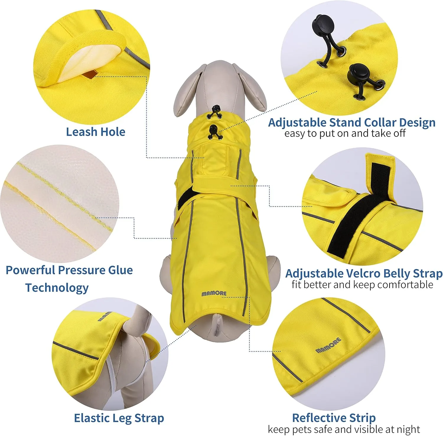 Waterproof Dog Raincoat with Reflective Strip, Adjustable Breathable Rain Coat Jacket with Leash Hole for Dogs (Yellow, Small)