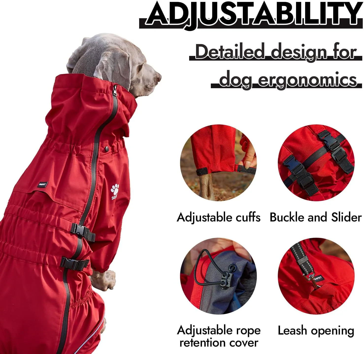 Waterproof Pet Raincoat, 4 Legs Design with Leash Hole and Reflective Strips, Lightweight Poncho for Small to Medium Dogs, Puppy Rain Jacket (Red, 3XL)