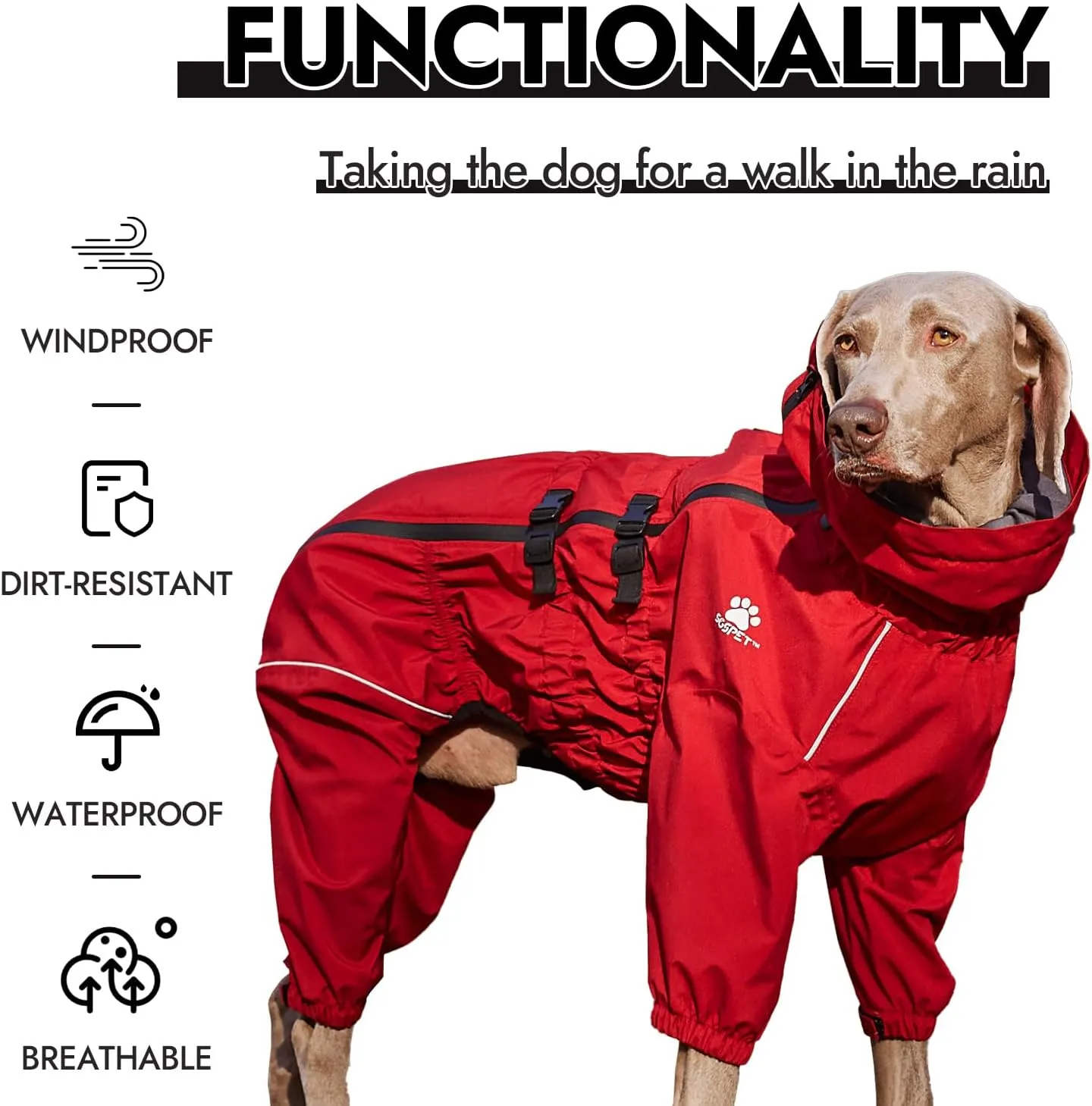 Waterproof Pet Raincoat, 4 Legs Design with Leash Hole and Reflective Strips, Lightweight Poncho for Small to Medium Dogs, Puppy Rain Jacket (Red, 3XL)