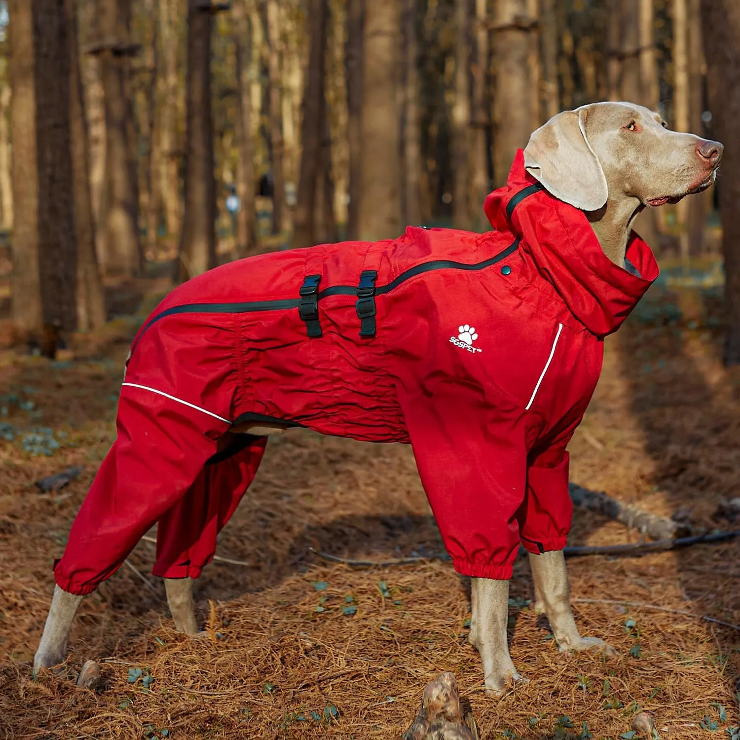 Waterproof Pet Raincoat, 4 Legs Design with Leash Hole and Reflective Strips, Lightweight Poncho for Small to Medium Dogs, Puppy Rain Jacket (Red, 3XL)