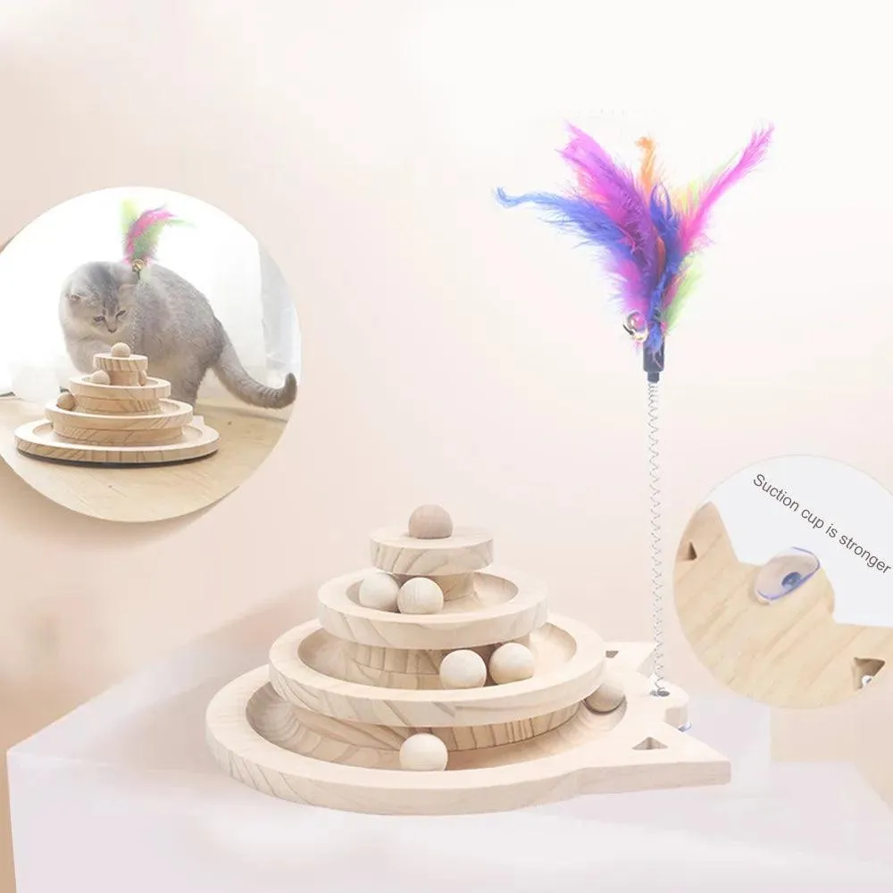 Wooden Cat Toy Tower Triple Disc
