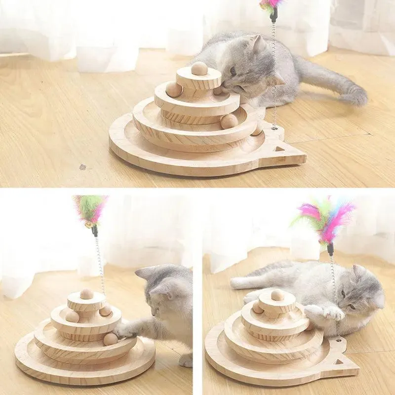 Wooden Cat Toy Tower Triple Disc
