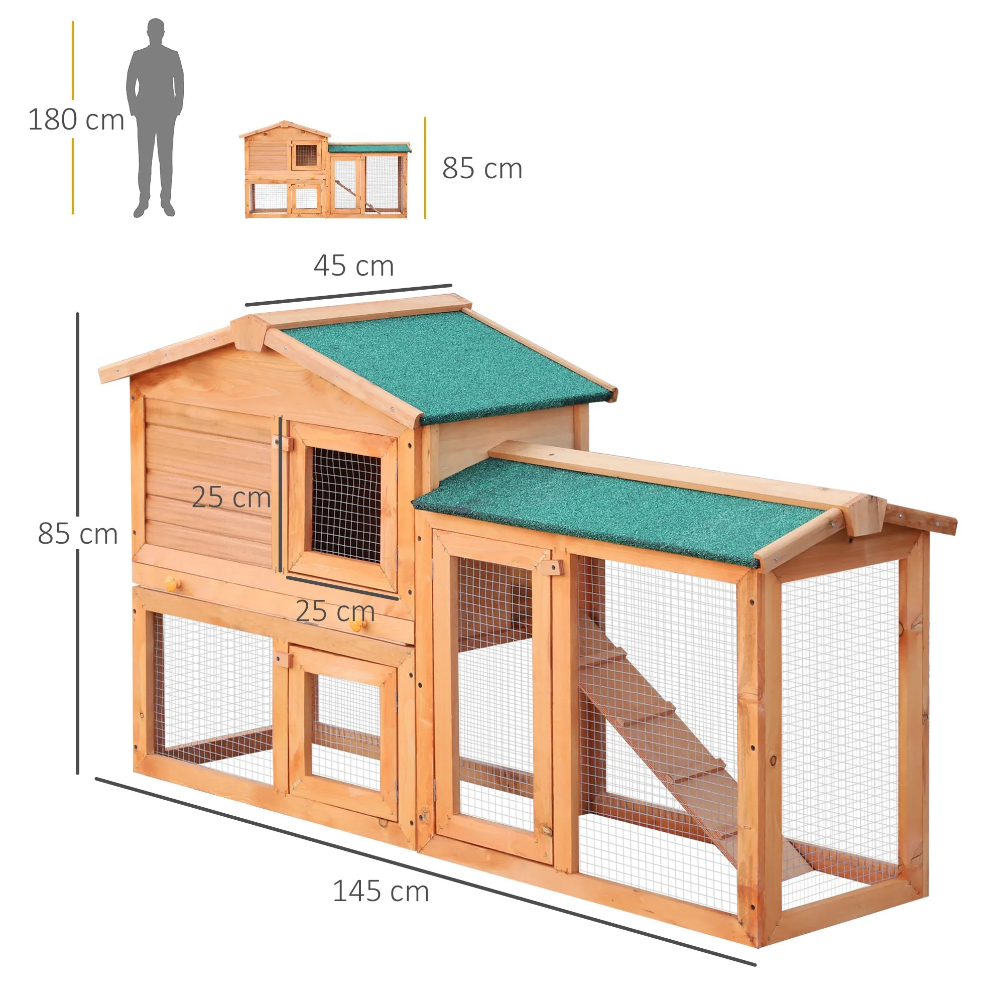 Wooden Rabbit Hutch and Run Guinea Pig Hutch Outdoor Bunny Cage Pull Out Tray Small Animal House 145 x 45 x 85 cm