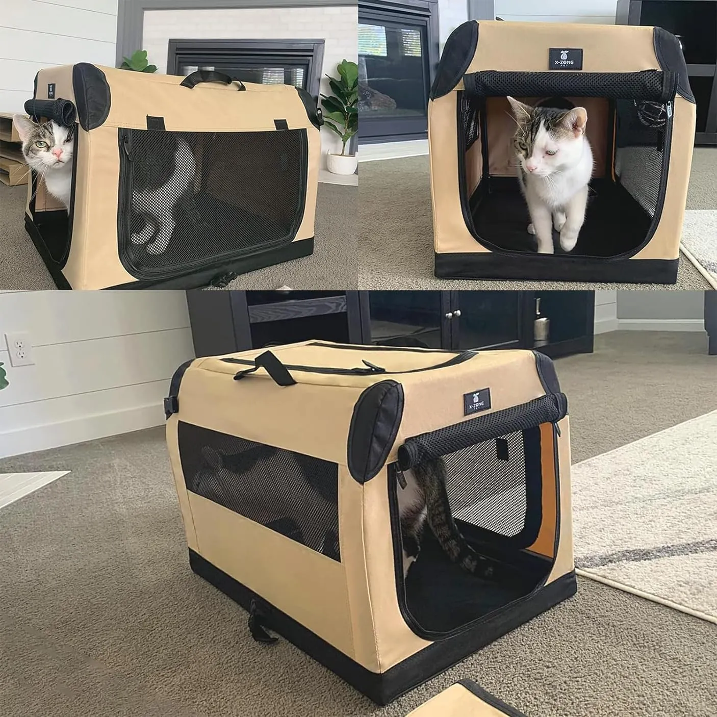 X-ZONE PET Dog Crate Travel Cage for Medium Dogs Portable Collapsible Cat Kennel with 3-Door Durable and Easy Clear Indoor & Outdoor Pet Home 28 '' Beige