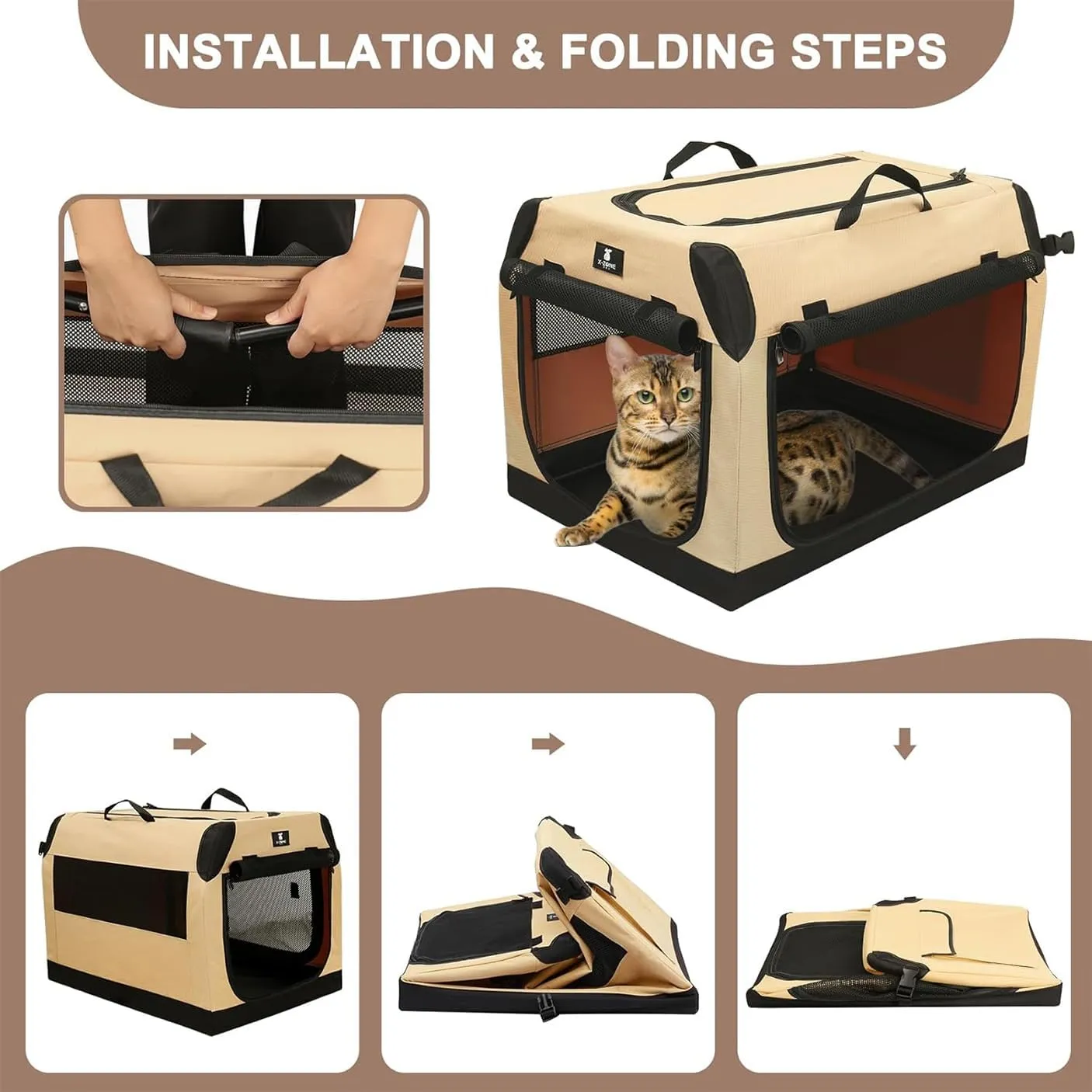 X-ZONE PET Dog Crate Travel Cage for Medium Dogs Portable Collapsible Cat Kennel with 3-Door Durable and Easy Clear Indoor & Outdoor Pet Home 28 '' Beige
