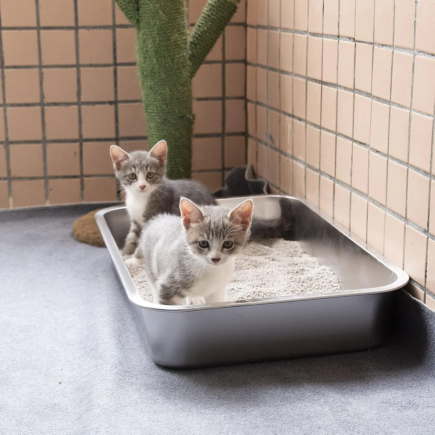 Yangbaga Stainless Steel Litter Box for Cat and Rabbit,Odor Control Litter Pan,Non Stick Easy to Clean,Never Bend,Rust Proof High Sides Non Slip Rubber Feets (4 Inches Deep, 24'' x 16'' x 4'')