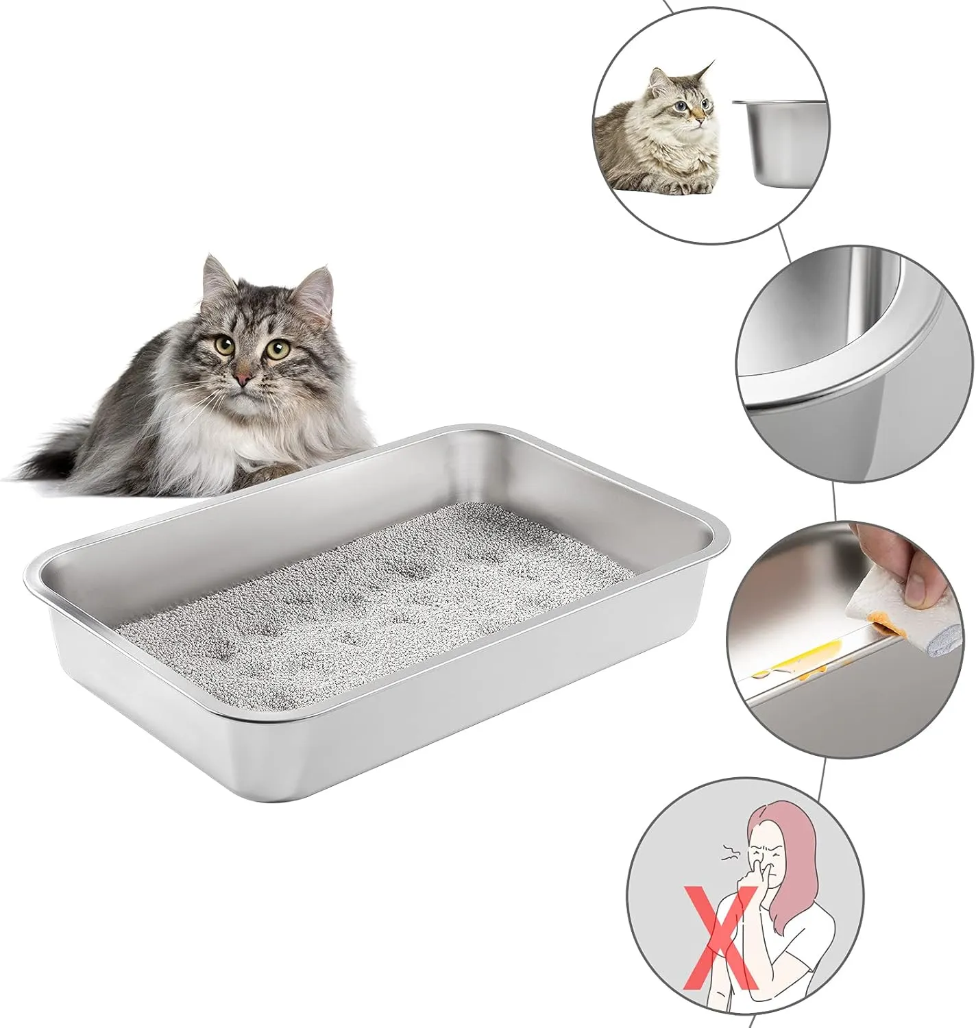 Yangbaga Stainless Steel Litter Box for Cat and Rabbit,Odor Control Litter Pan,Non Stick Easy to Clean,Never Bend,Rust Proof High Sides Non Slip Rubber Feets (4 Inches Deep, 24'' x 16'' x 4'')