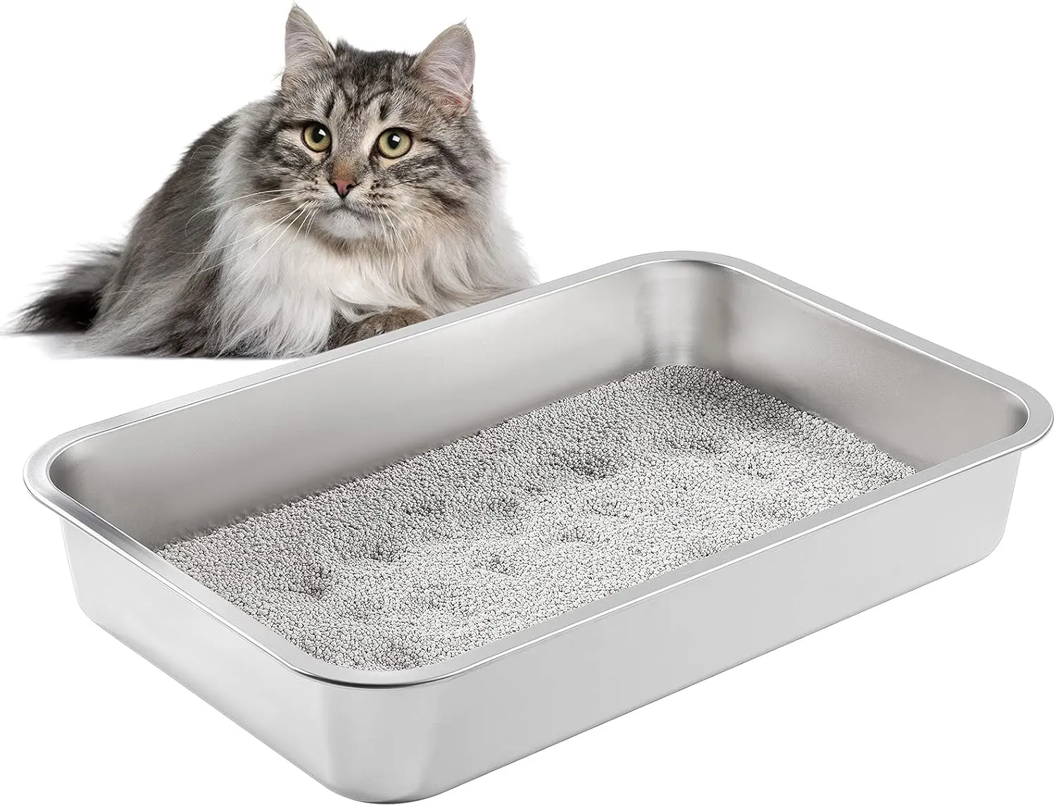 Yangbaga Stainless Steel Litter Box for Cat and Rabbit,Odor Control Litter Pan,Non Stick Easy to Clean,Never Bend,Rust Proof High Sides Non Slip Rubber Feets (4 Inches Deep, 24'' x 16'' x 4'')